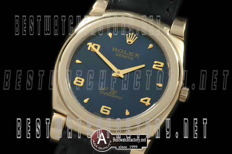 Rolex Cellini Mid Size Yellow Gold/Leather Blue Numeral Swiss Quartz