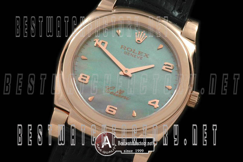 Rolex Cellini Mid Size Rose Gold/Leather MOP Green Numeral Swiss Quartz