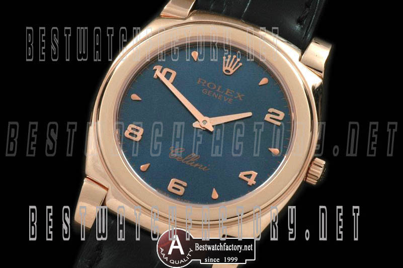 Rolex Cellini Mid Size Rose Gold/Leather Blue Numeral Swiss Quartz
