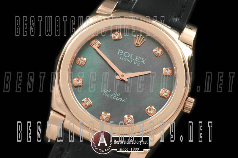 Rolex Cellini Mid Size Rose Gold/Leather MOP Green Diamond Swiss Quartz