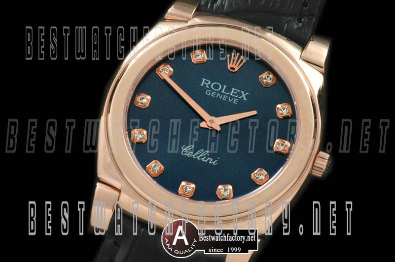 Rolex Cellini Mid Size Rose Gold/Leather Blue Diamond Swiss Quartz
