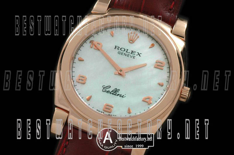Rolex Cellini Mid Size Rose Gold/Leather MOP White Numeral Swiss Quartz