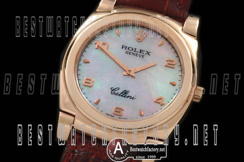 Rolex Cellini Mid Size Rose Gold/Leather MOP Pink Numeral Swiss Quartz