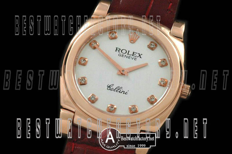 Rolex Cellini Mid Size Rose Gold/Leather White Diam Swiss Quartz