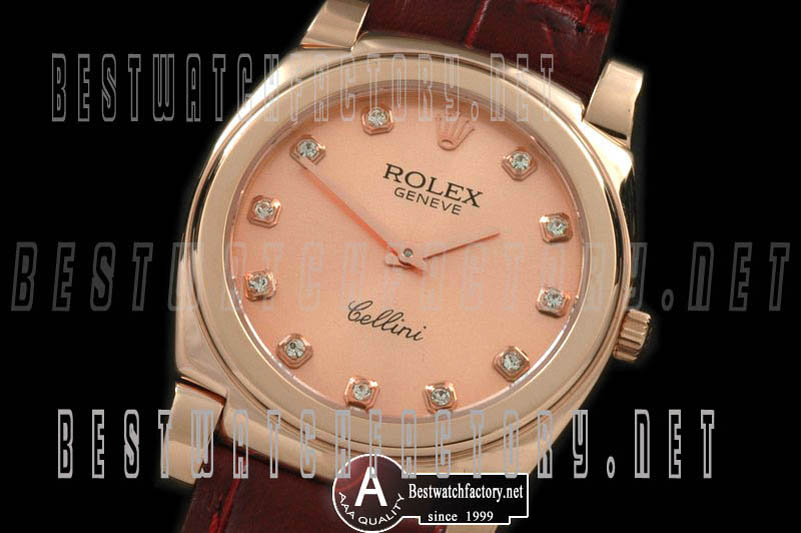 Rolex Cellini Mid Size Rose Gold/Leather Rose Gold Diamond Swiss Quartz