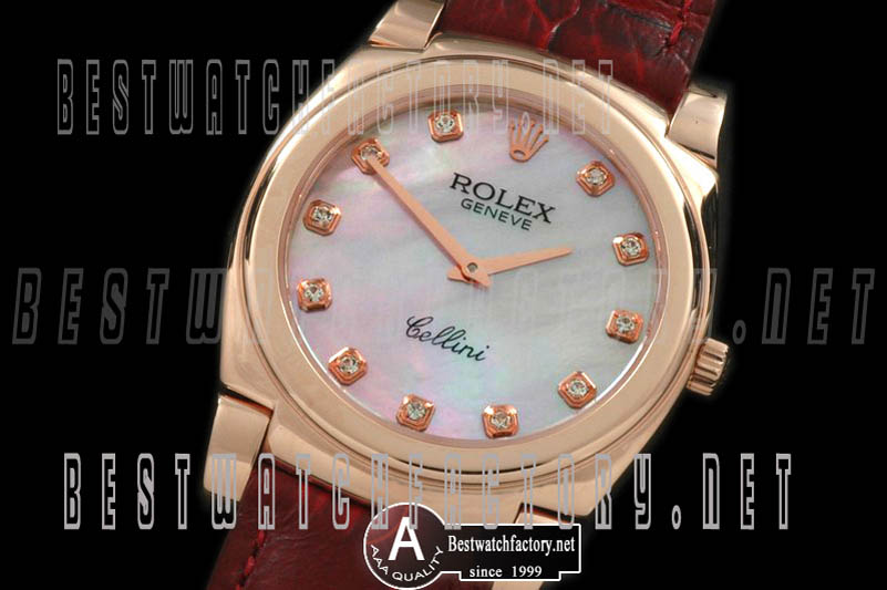 Rolex Cellini Mid Size Rose Gold/Leather MOP Pink Diamond Swiss Quartz