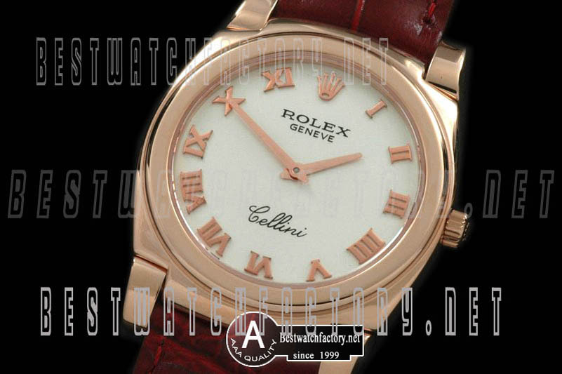 Rolex Cellini Mid Size Rose Gold/Leather White Roman Swiss Quartz