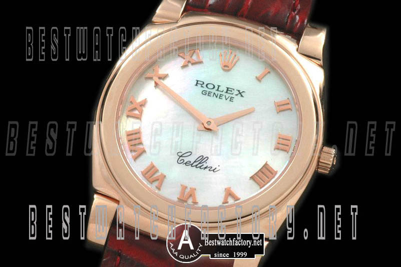 Rolex Cellini Mid Size Rose Gold/Leather MOP White Roman Swiss Quartz