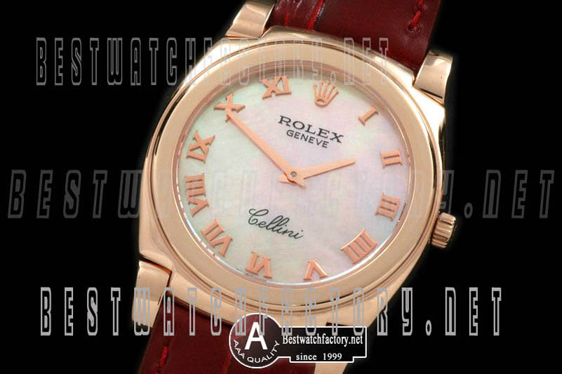 Rolex Cellini Mid Size Rose Gold/Leather MOP Pink Roman Swiss Quartz