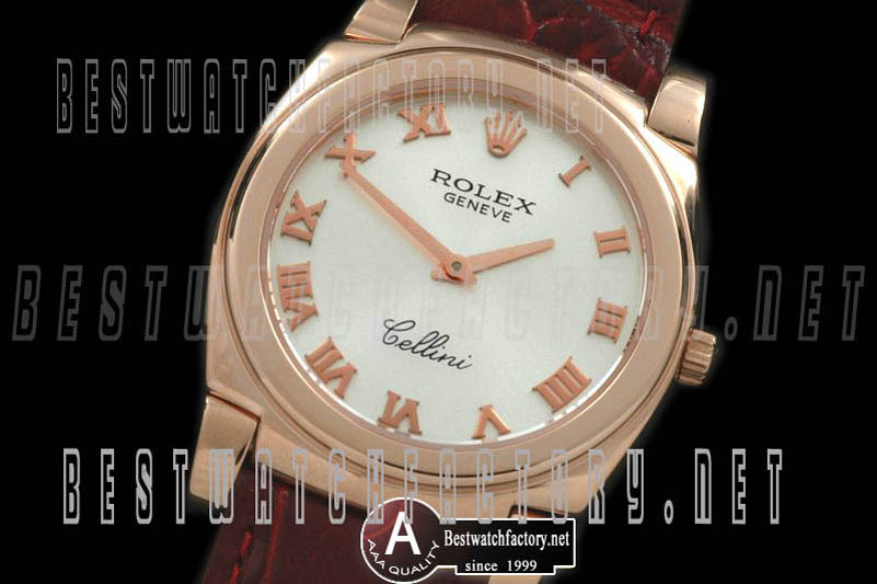 Rolex Cellini Mid Size Rose Gold/Leather Silver Numeral Swiss Quartz
