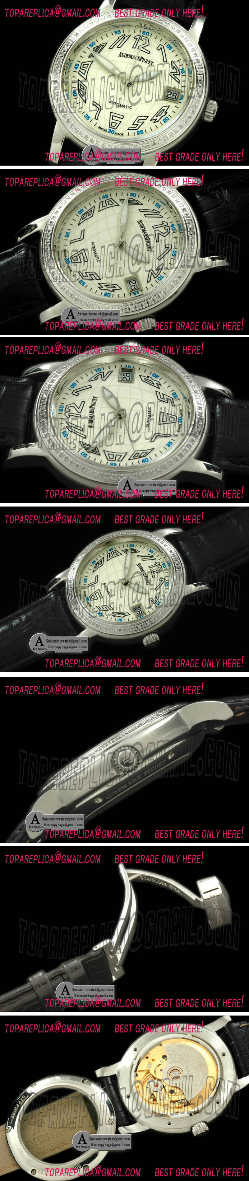 Audemars Piguet Jules Audemars Globe SS/Leather/Diamond White Swiss Eta 2824 Replica Watches