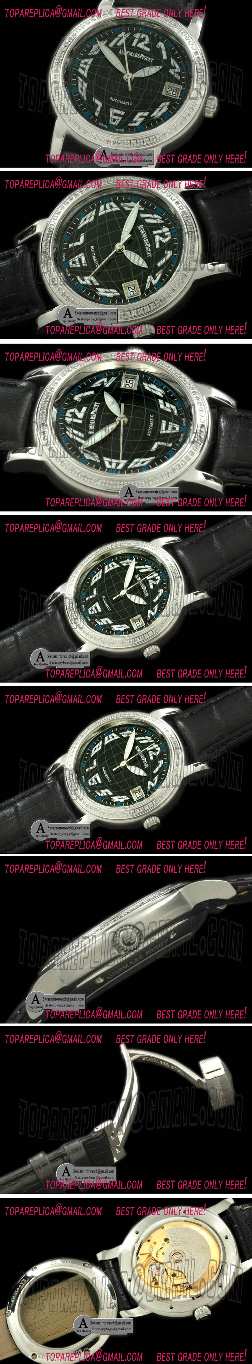 Audemars Piguet Jules Audemars Globe SS/Leather/Diamond Black Swiss Eta 2824 Replica Watches