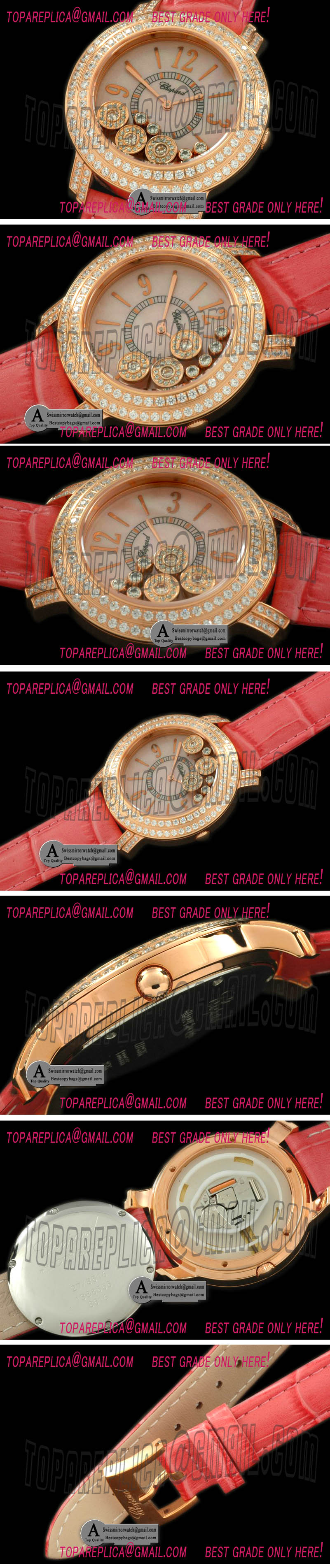 Chopard Happy Sports Ladies Rose Gold Leather MOP Pink Swiss Quartz Replica Watches