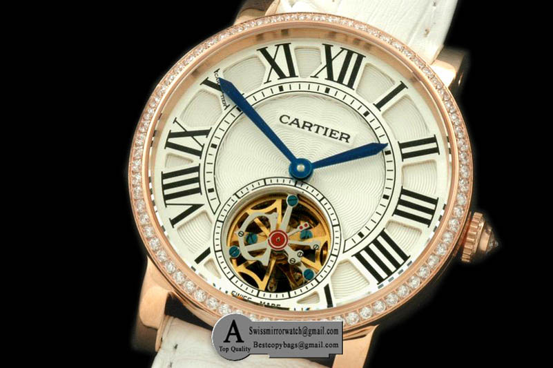 Cartier Ronde de Cartier Tourbillon Rose Gold Leather White Asian 2813 Replica Watches