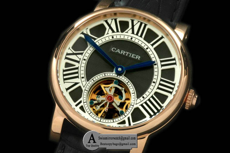 Cartier Ronde de Cartier Tourbillon Rose Gold Leather Black Asian 2813 Replica Watches