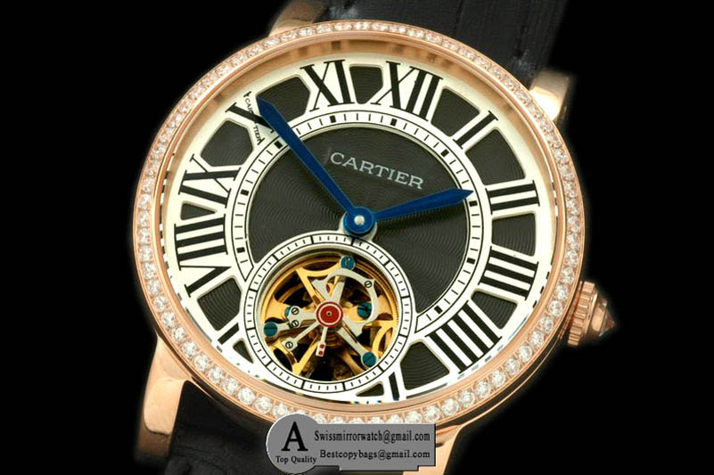 Cartier Ronde de Cartier Tourbillon Rose Gold Leather Black Asian 2813 Replica Watches