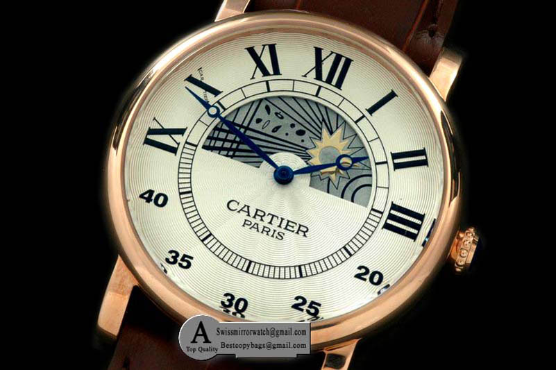 Cartier Ronde De Cartier Day Phase Rose Gold Leather White Jap Quartz Replica Watches