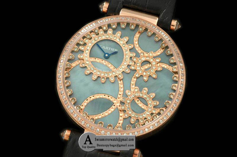 Cartier High Jewellery Rose Gold Leather MOP Green Swiss Quartz Replica Watches