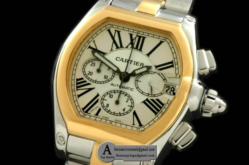 Cartier w62027z1 Roadster XL Chrono SS/Yellow Gold/TT White Roman A-7750 Sec@3 Replica Watches