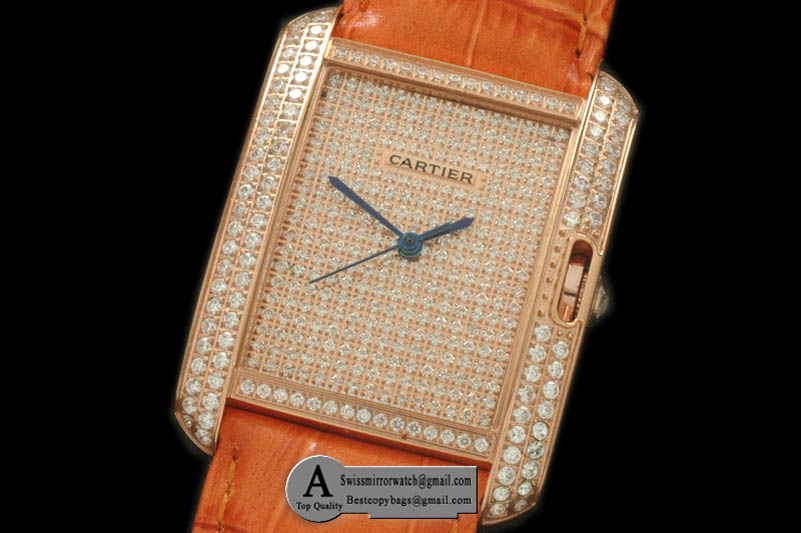 Cartier Tank Anglaise Rose Gold Leather Diamond Jap Quartz Replica Watches