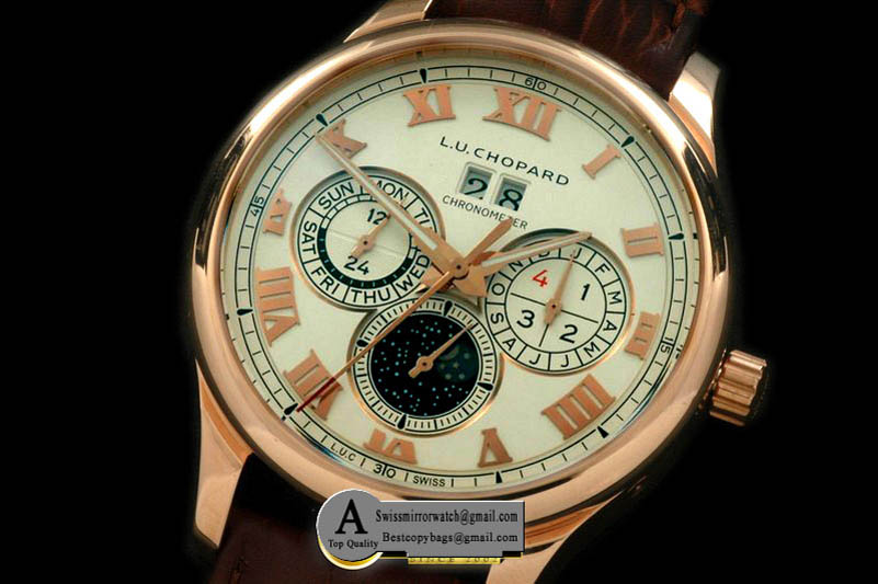 Chopard LUC Big Date Chronograph Rose Gold Leather White Asia 2813 Replica Watches