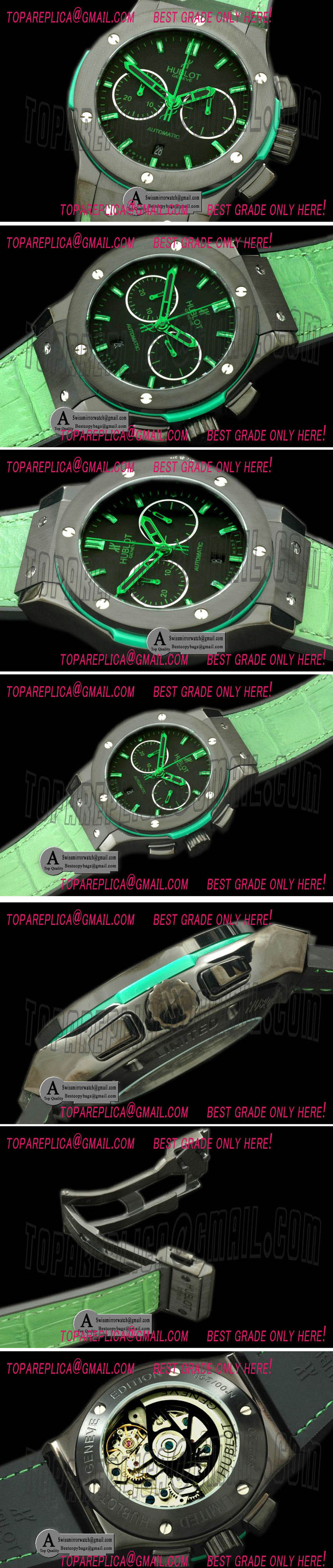 Hublot Classic Fusion Chrono V2 PVD Leather All Black Green A 7750 Replica Watches