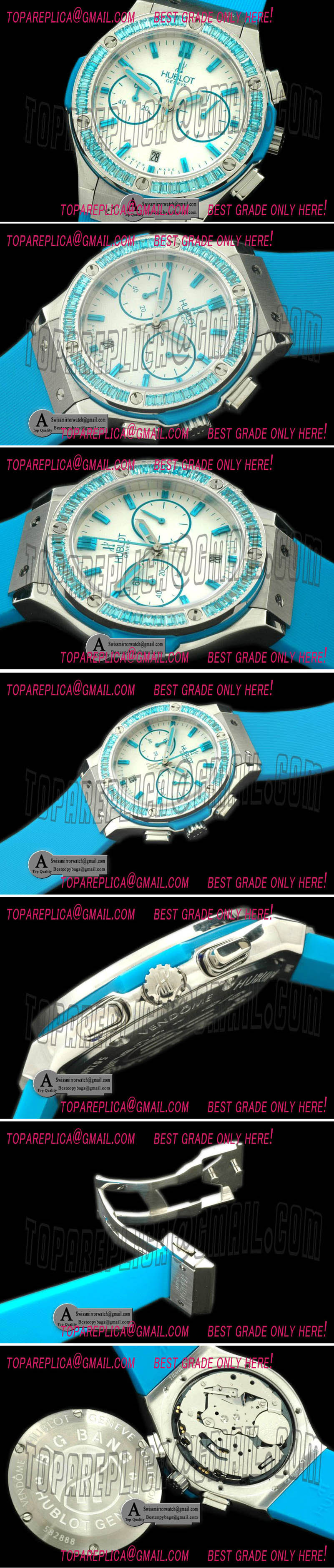 Hublot Ladies Classic Fusion Chrono Rose Gold Rubber White Blue Jap Qtz Replica Watches