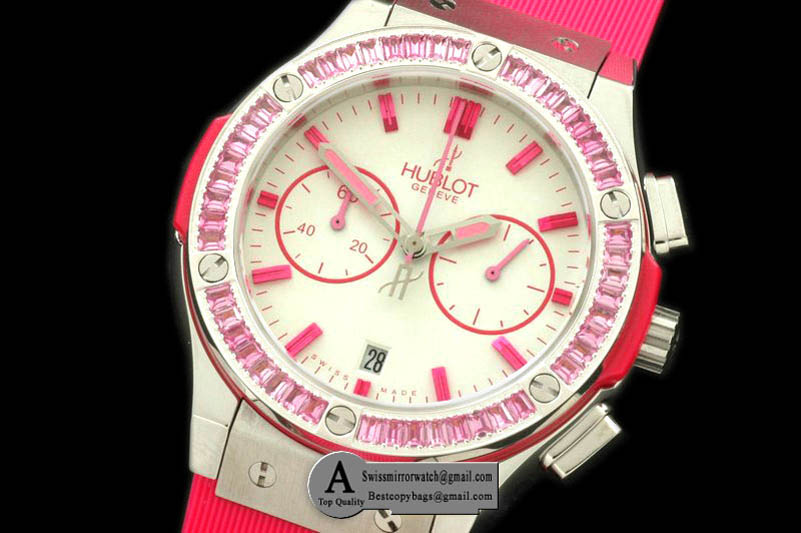 Hublot Ladies Classic Fusion Chrono SS Rubber White Pink Jap Qtz Replica Watches