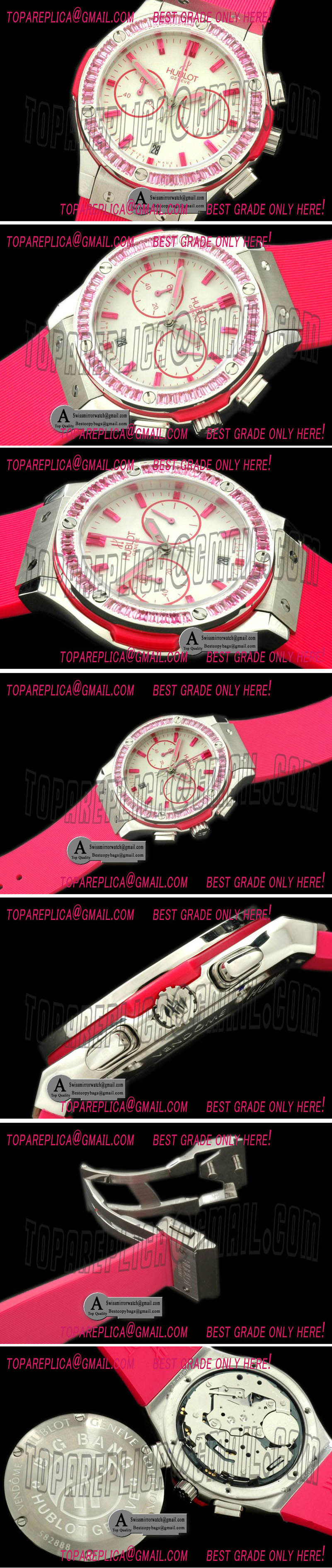 Hublot Ladies Classic Fusion Chrono SS Rubber White Pink Jap Qtz Replica Watches
