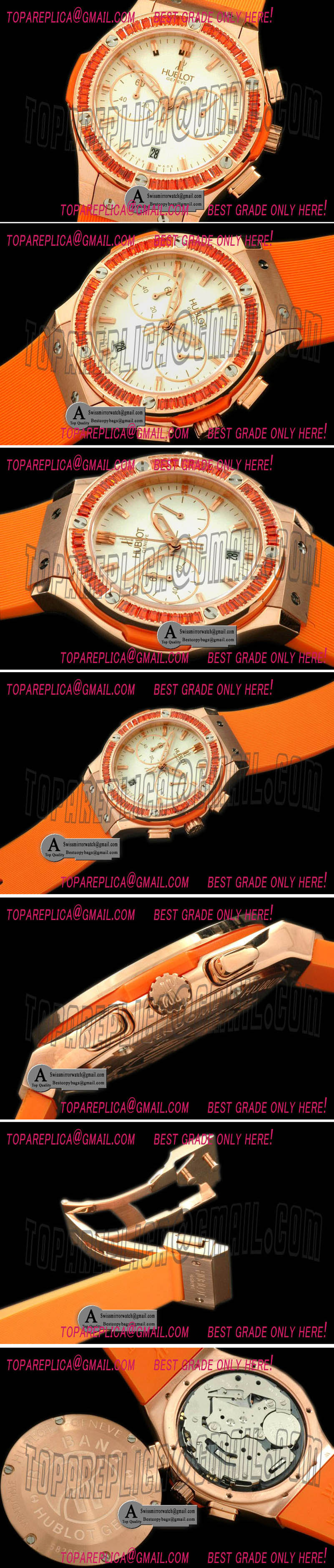 Hublot Ladies Classic Fusion Chrono Rose Gold Rubber White Orange Jap Qtz Replica Watches