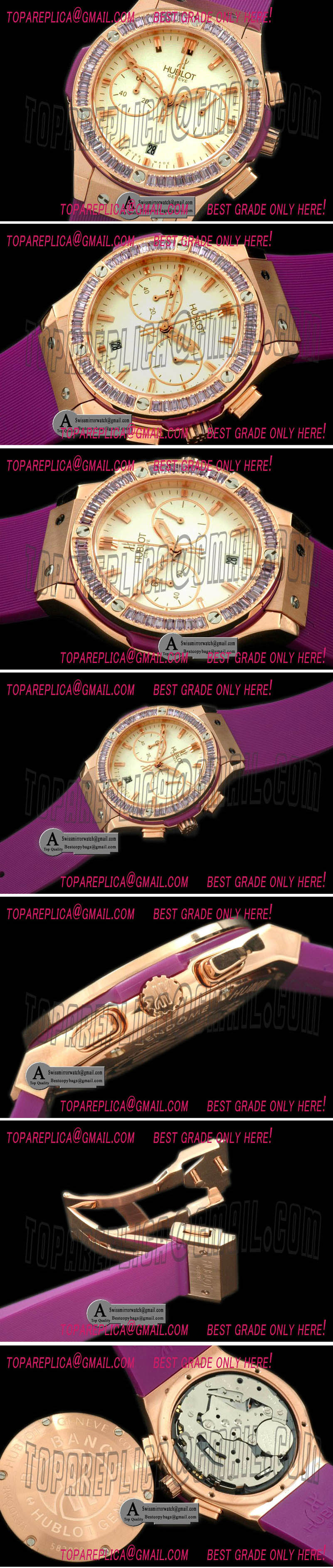 Hublot Ladies Classic Fusion Chrono Rose Gold Rubber White Vio Jap Qtz Replica Watches