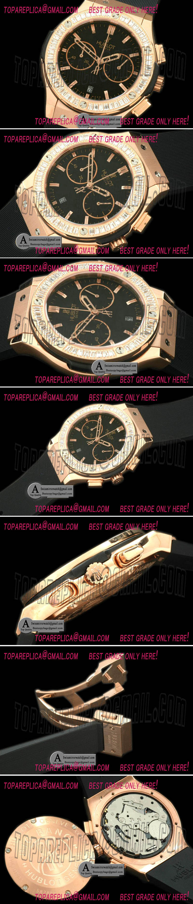 Hublot Ladies Classic Fusion Chrono Rose Gold  Rubber Black White Jap Qtz Replica Watches