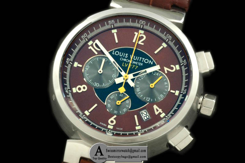 Louis Vuitton LV Cup 227 Chrono SS Leather Brown Grey Jap Quartz Chrono Replica Watches