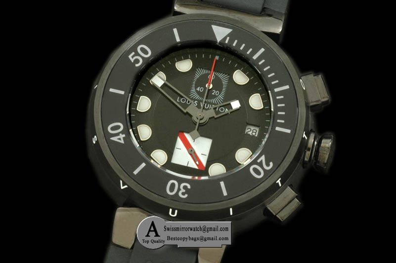 Louis Vuitton Tambour MenXL Diving Chrono PVD Rubber Black White Jap OS Replica Watches