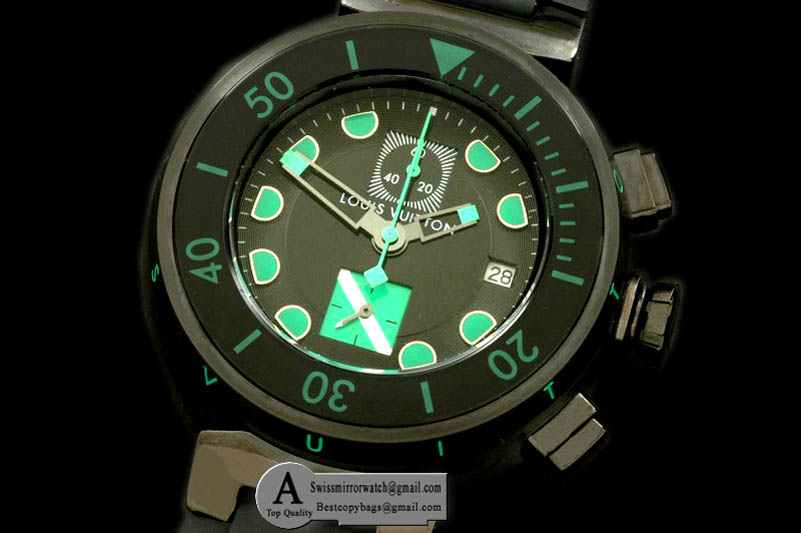 Louis Vuitton Tambour MenXL Diving Chrono PVD Rubber Black Green Jap OS Replica Watches