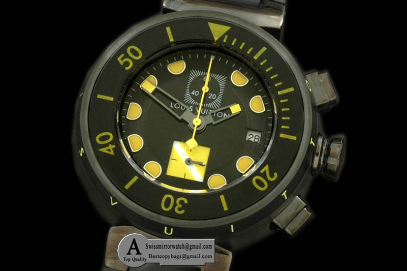 Louis Vuitton Tambour MenXL Diving Chrono PVD Rubber Black Yellow Jap OS Replica Watches