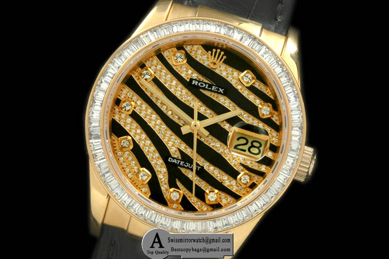 Rolex Datejust Royal Black Yellow Gold Sq Cut Diamond Leather Swiss Eta 2836 2 Replica Watches