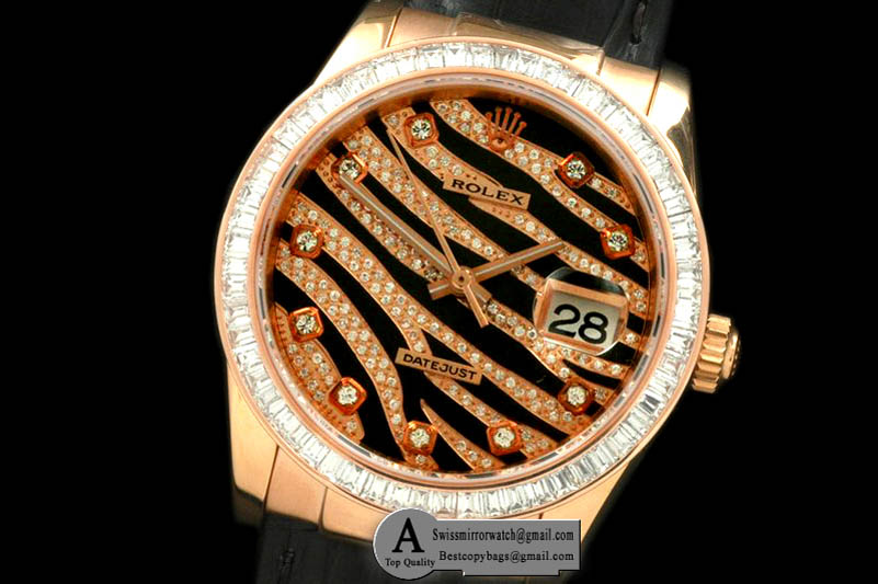 Rolex Datejust Royal 116185 Black Rose Gold Sq Cut Diamond Leather Swiss Eta 2836 2 Replica Watches