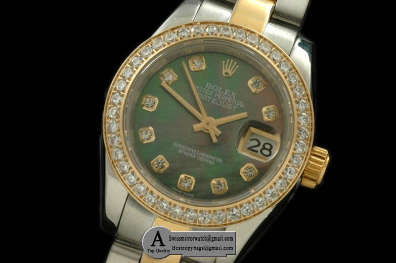 Rolex SS Yellow Gold Oyster MOP Green Diamond Swiss Eta 2671-2 Replica Watches