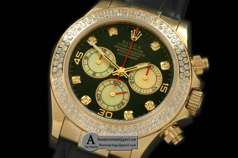 Rolex 2011 Yellow Gold Diamond Leather Black White Diamond A-7750 Sec@6 28800 Replica Watches