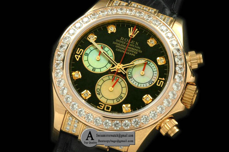 Rolex 2011 Yellow Gold Diamond Leather Black White Diamond A-7750 Sec@6 28800 Replica Watches