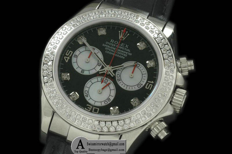 Rolex Daytona 2011 SS Diamond Leather Black White Diamond A 7750 Sec@6 28800 Replica Watches