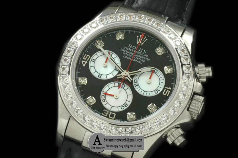 Rolex Daytona 2011 SS Diamond Leather Black White Diamond A-7750 Sec@6 28800 Replica Watches
