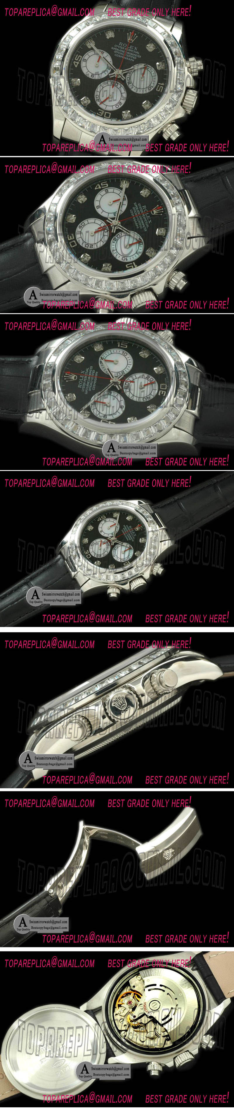 Rolex Daytona 2011 SS SQ Diamond Leather Black White Diamond A-7750 Sec@6 28800 Replica Watches