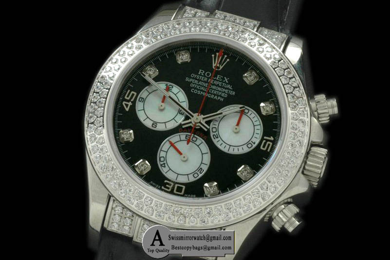 Rolex Daytona 2011 SS Diamond Leather Black White Diamond A 7750 Sec@6 28800 Replica Watches