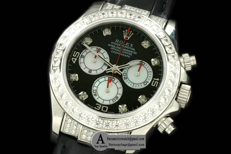 Rolex Daytona 2011 SS Diamond Leather Black White Diamond A-7750 Sec@6 28800 Replica Watches