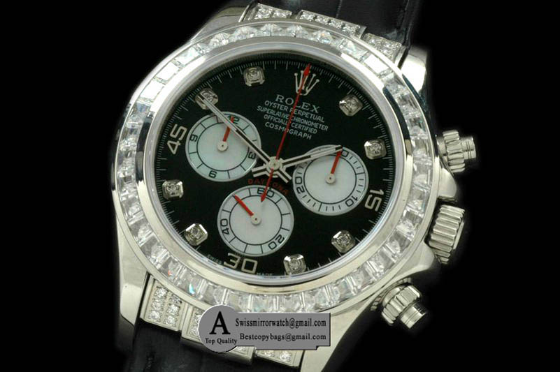 Rolex Daytona 2011 SS SQ Diamond Leather Black White Diamond A 7750 Sec@6 28800 Replica Watches