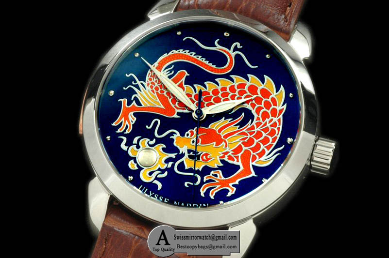 Ulysse Nardin Classico Enamel Champleve Dragin SS Leather Blue A 2836 Replica Watches