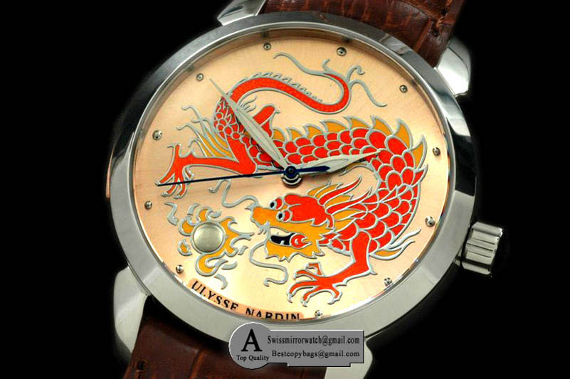 Ulysse Nardin Classico Enamel Champleve Dragin SS Leather Peach A 2836 Replica Watches