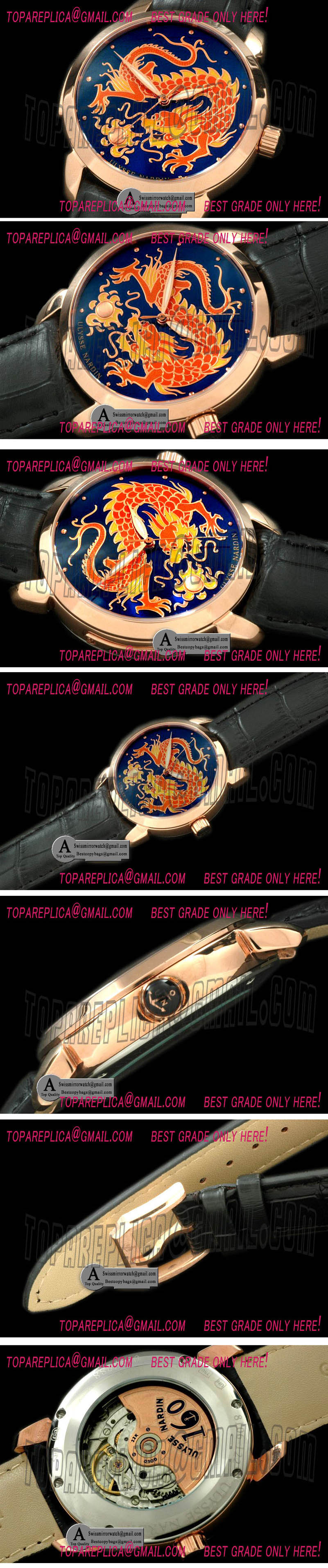 Ulysse Nardin Classico Enamel Champleve Dragin Rose Gold Leather Blue A 2836 Replica Watches